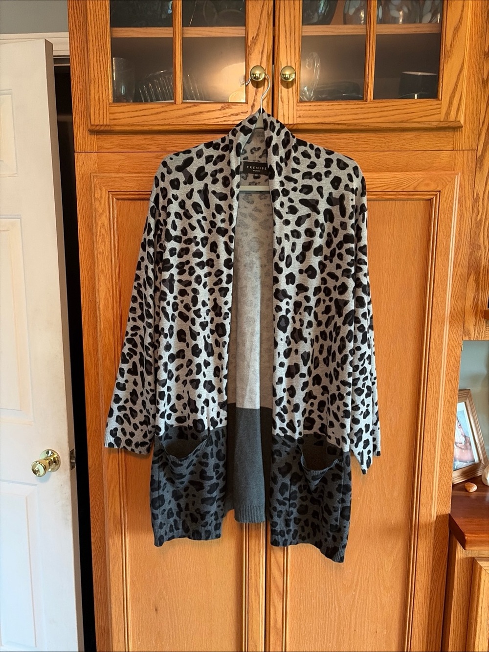 Premise Gray & Black Leopard Print Open-Front Cardigan long sweater size 2X